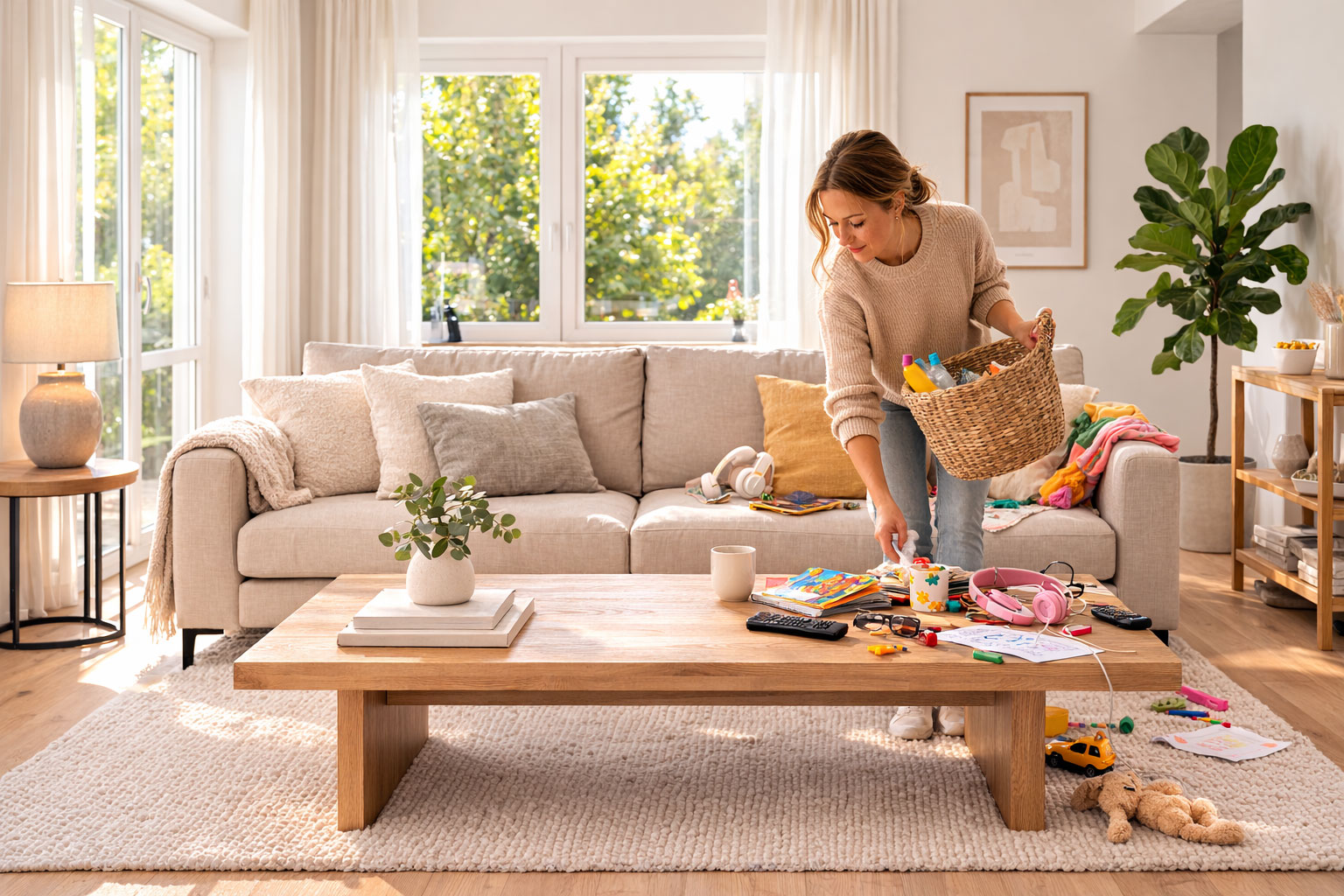Wohnzimmer vor Immobilienfoto mit dem Smartphone aufräumen und kleine Gegenstände entfernen