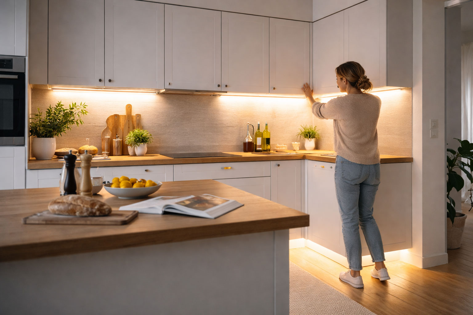 Küche mit eingeschalteten Lampen und indirektem Licht für bessere Immobilienfotos