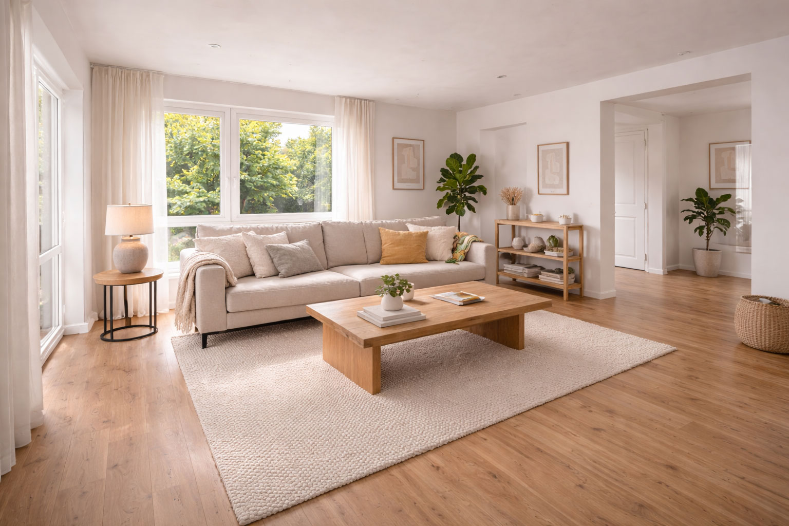 Wohnzimmer aus der Raumecke fotografiert für bessere Übersicht und größere Raumwirkung